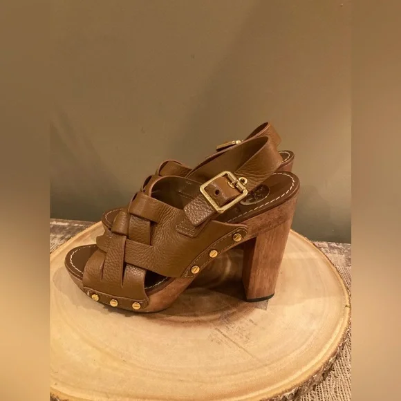 Tory Burch Brown Woven Leather Chunky Wooden Platform Heel Jodie Sandal size 8.5